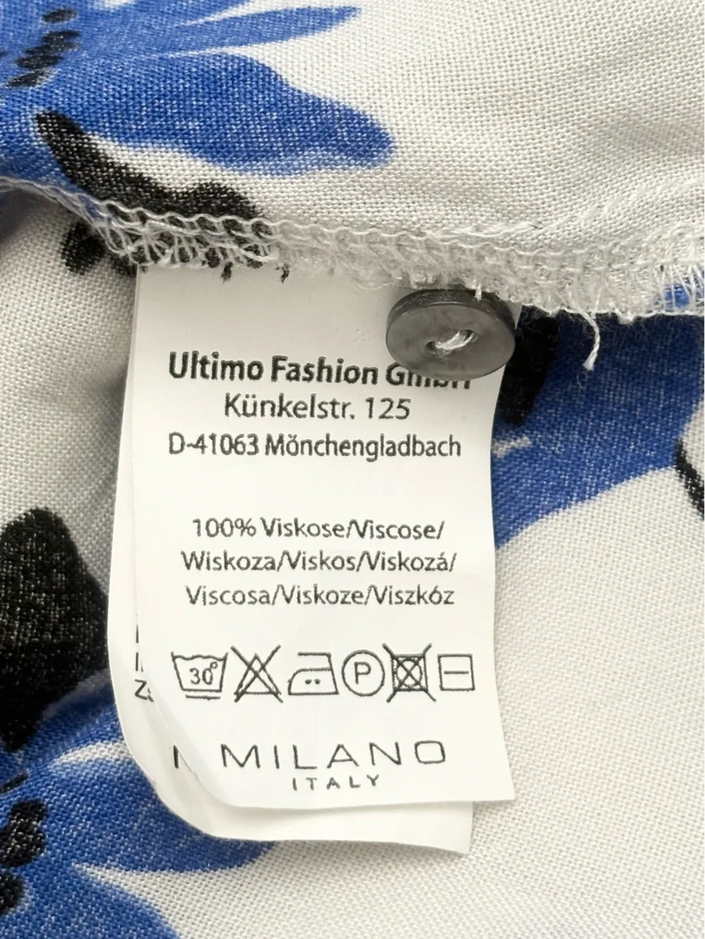 Milano Italy White Dress with Blue and Black Floral Print Long Sleeves Size 36